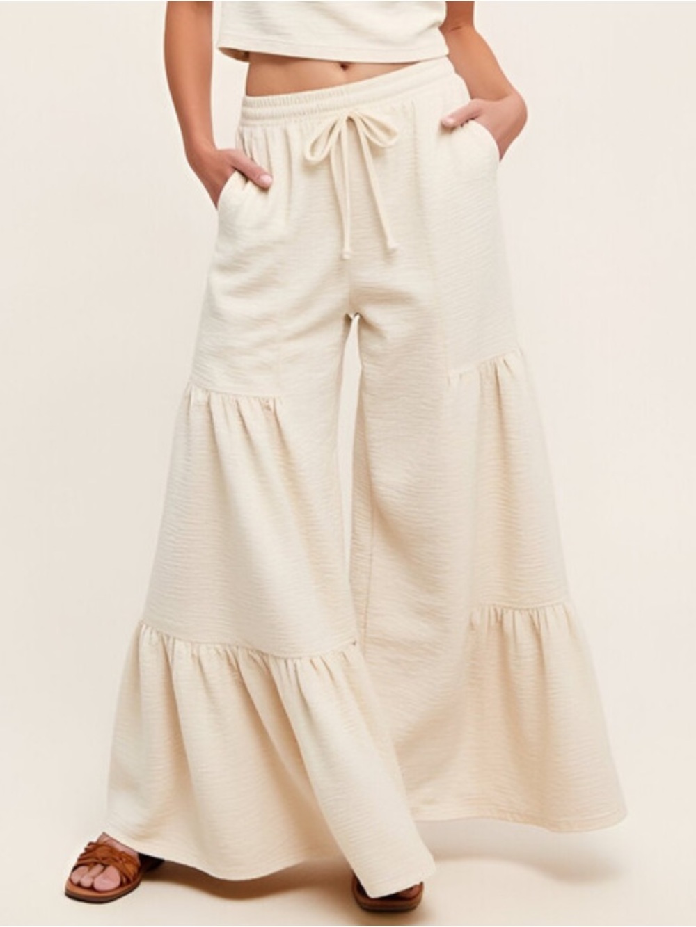 Anniewear Cream Wide-Leg Texture Knit Tiered Palazzo Pull On Pants. Size XL. NWT